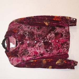 Coldwater Creek Size XL Short Crush Velvet Feel Sheer Button Down Fitted Blouse